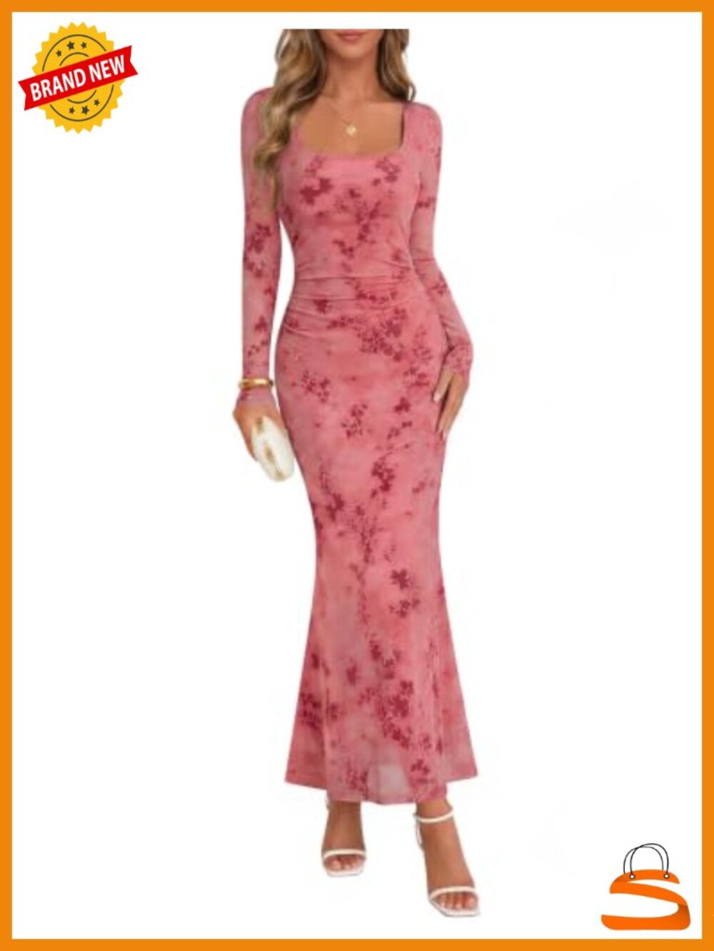 Long Sleeve Floral Sheer Bodycon Mermaid Maxi Dress Women's Semi Formal